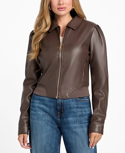 Guess Women's Faux-Leather Zip-Front Bomber Jacket