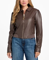 Guess Women's Faux-Leather Zip-Front Bomber Jacket