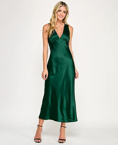 Emerald Sundae Juniors' V-Neck A-Line Satin Midi Dress