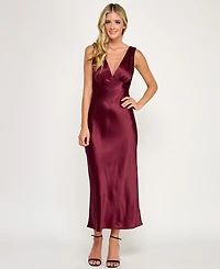 Emerald Sundae Juniors' V-Neck A-Line Satin Midi Dress