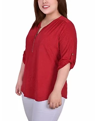 Ny Collection Plus 3/4 Roll Tab Zip Front Jacquard Knit Top
