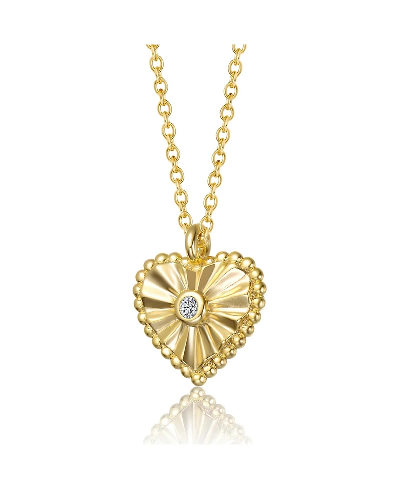 Sterling Silver 14k Gold Plated Cubic Zirconia Textured Heart Pendant Necklace