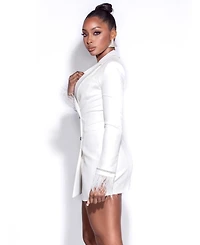 Miss Circle Women Quilla White Feather Crystal Sleeve Backless Blazer Dress