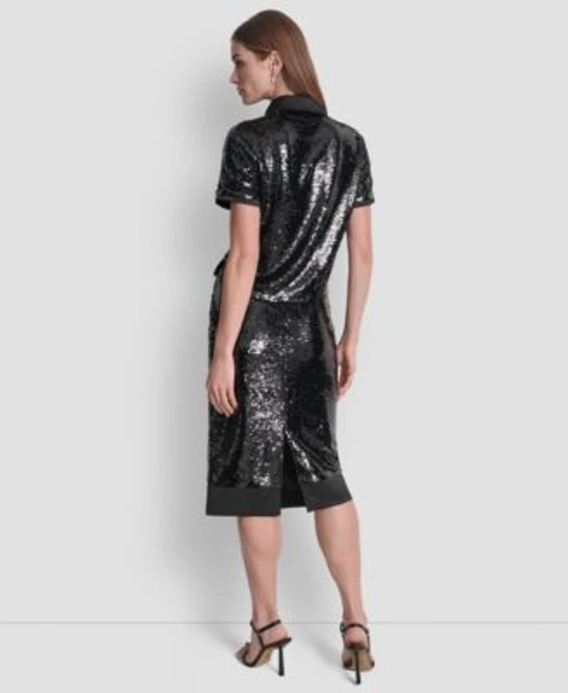 Dkny Womens Sequin Detail Collared Top Sequin Detail Skirt