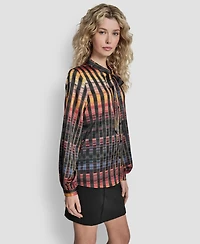 Dkny Women's Printed Neck Tie Long Sleeve Top