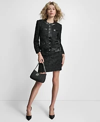 Dkny Women's Mixed Media Tweed and Crackle Crewneck Jacket