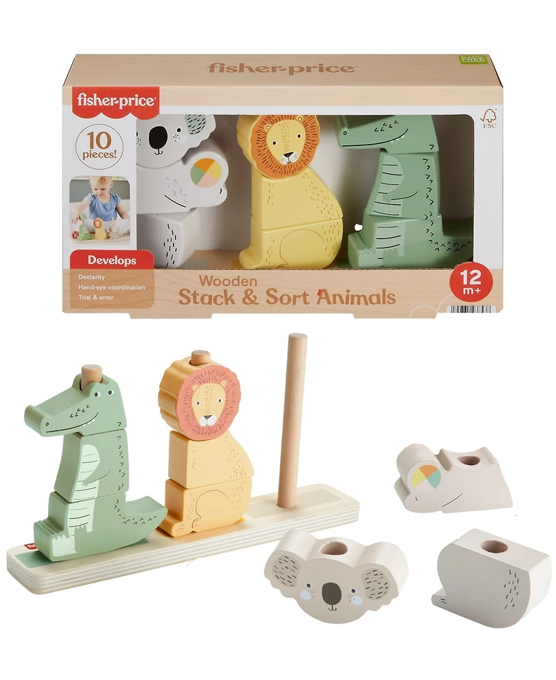 Fisher Price Wooden Stack and Sort Animals Baby and Toddler Toy, 10 Wood Pieces