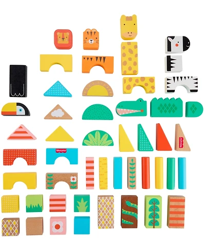 Fisher Price Wooden Jungle Blocks, Animal-Themed Building Set, 50 Wood Pieces