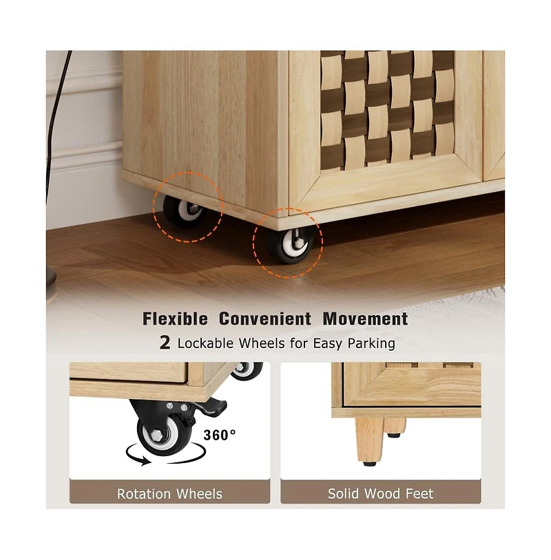 Maison Boucle 53.2" Rolling Kitchen Island with Drop Leaf, Power Outlet, 3 Drawers, Cabinets & Woven Checkerboard Design-Maison Boucle