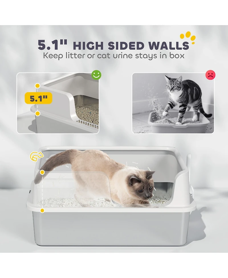 PawHut Stainless Steel Litter Box, Enclosed Cat Litter Box, Light