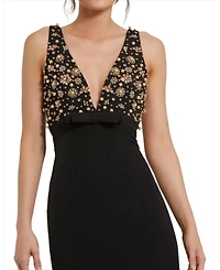 Mac Duggal Women's Crepe Sleeveless Beaded V Neck Gown With Bow