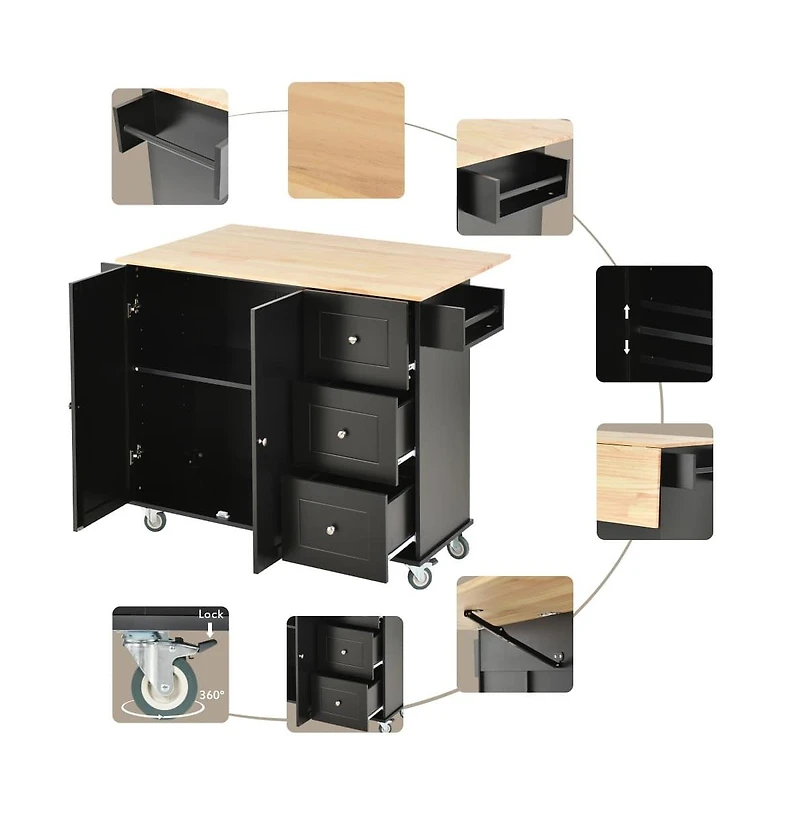 52.7" Rolling Kitchen Island with Drop Leaf, Solid Wood Top, Storage Cabinet & Drawers, Mobile Cart-Maison Boucle