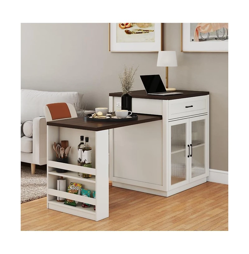 83.1" Extendable Kitchen Island with Pull-Out Table, Power Outlet, Storage Cabinet, Glass Doors & Spice Rack-Maison Boucle
