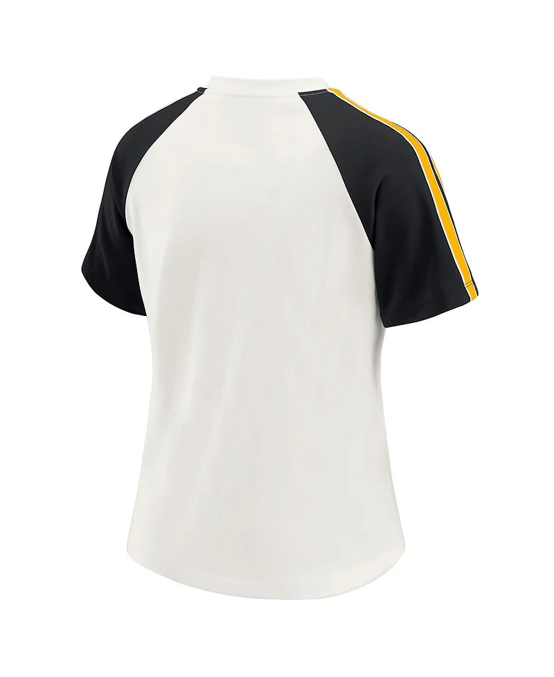 Wear by Erin Andrews Women's White Pittsburgh Steelers Sleeve Stripe Distressed Raglan T-Shirt
