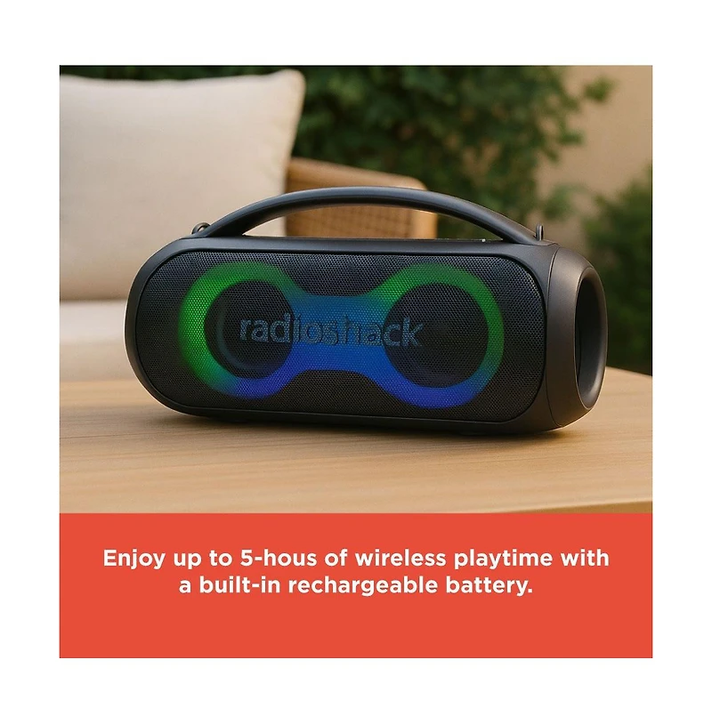 RadioShack 20W Black and Gray Wireless Bluetooth Portable Speaker with Rgb Lights Fm Radio True Wireless