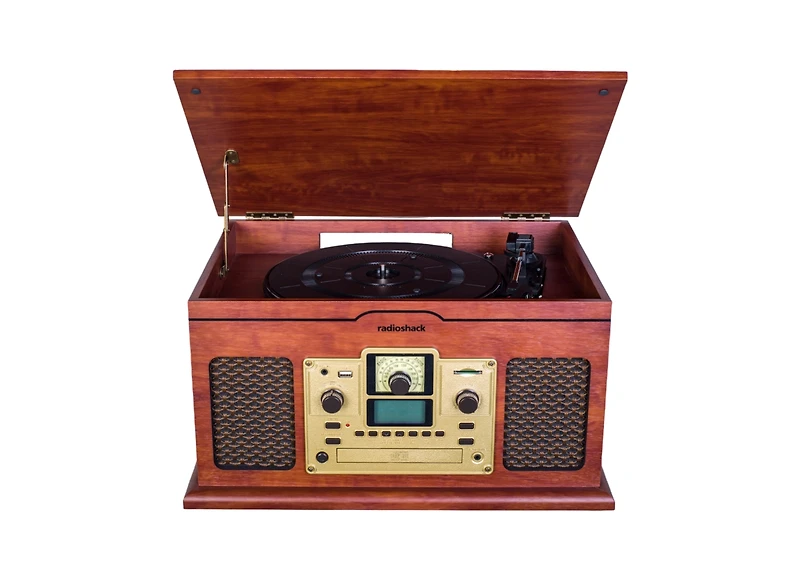 RadioShack 5W Classic Vintage 3 Speed Rpm Vynil Turntable, Cd Player, Bluetooth Out, Cassette Player, Sd Card, Rca & Fm Radio 4001791