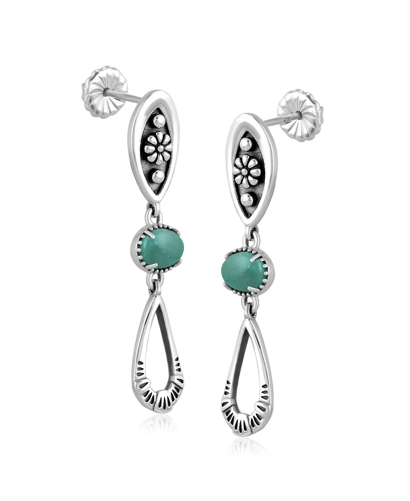 American West Jewelry Sterling Silver Green Turquoise Teardrop Double Loop Gemstone Earrings