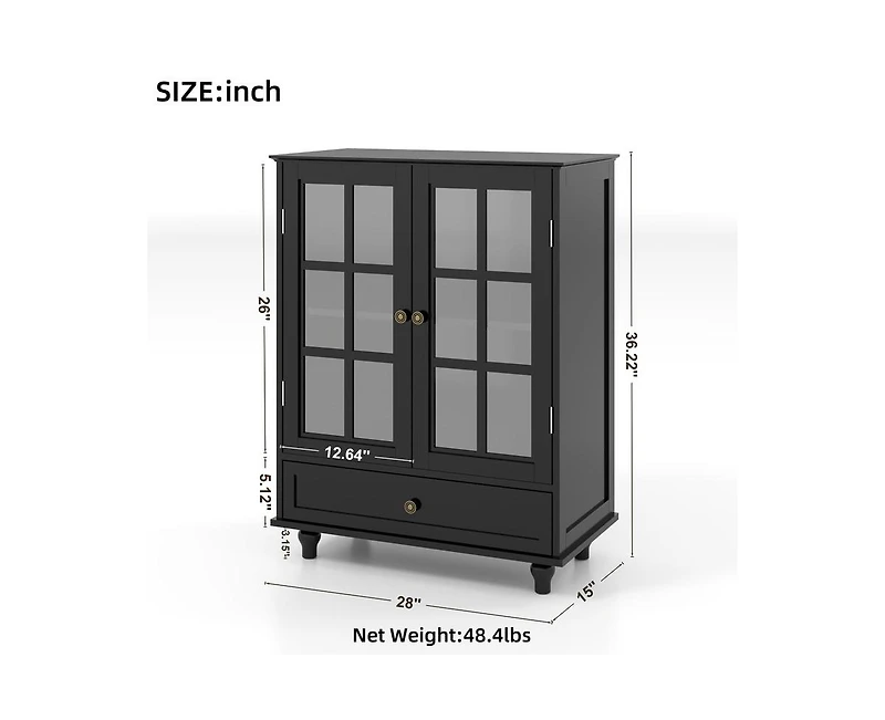 Casainc Storage Cabinet with Double Glass Doors and Drawer