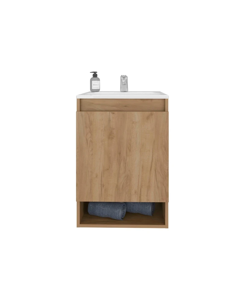 Fm Furniture Wright Wall-Mounted Bathroom Vanity with Sink, 2 Doors, Open Shelf, Integrated Basin, Natural Oak