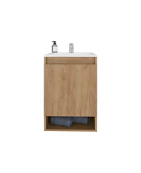Fm Furniture Wright Wall-Mounted Bathroom Vanity with Sink, 2 Doors, Open Shelf, Integrated Basin, Natural Oak