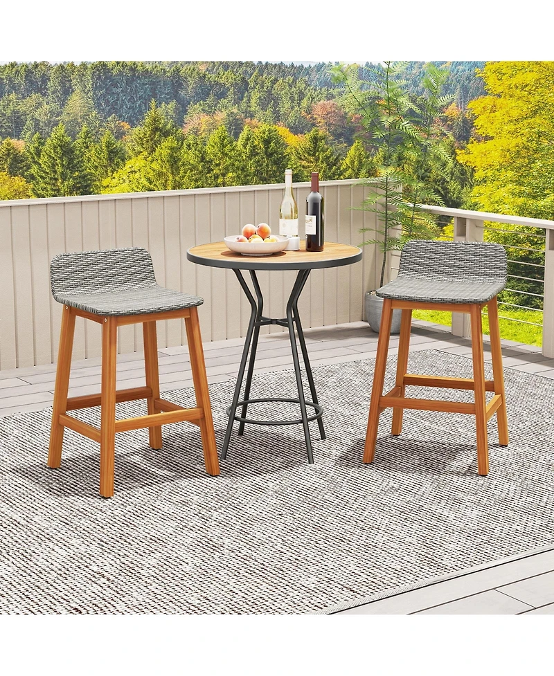 Gymax Solid Acacia Wood Bar Stools Set of Rattan Bar Height Patio Chairs for Porch