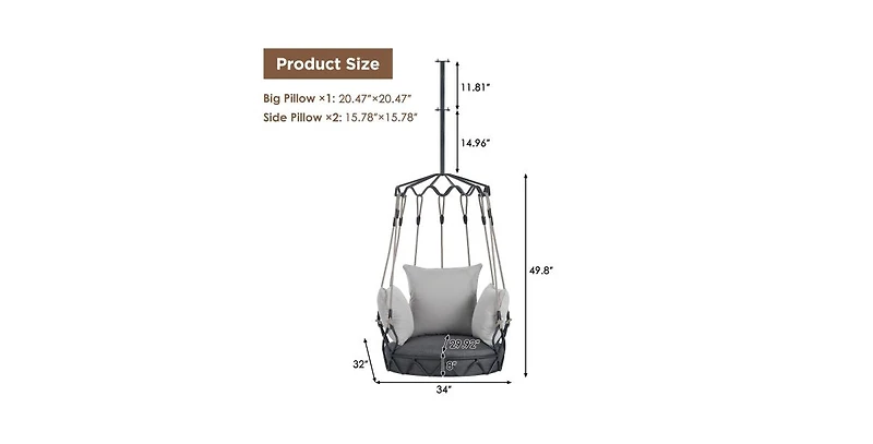 Flynama Gray Outdoor Hanging Swing Chair with 8 Inch Waterproof Cushion