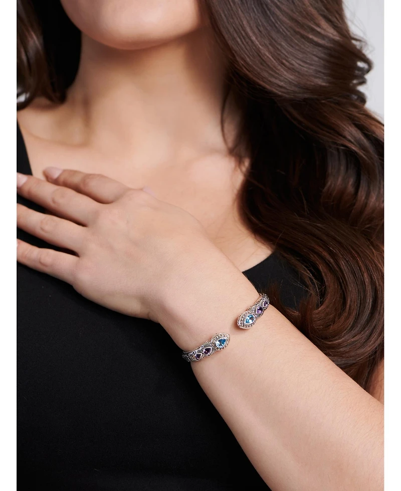 Amethyst, Pink Topaz & Bali Ubud Cuff Bracelet in Sterling Silver and 18K Gold, Small