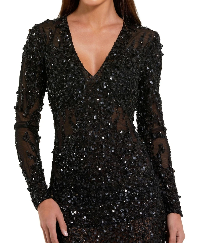 Mac Duggal Women's Long Sleeve Sheer Embellished Mini Dress