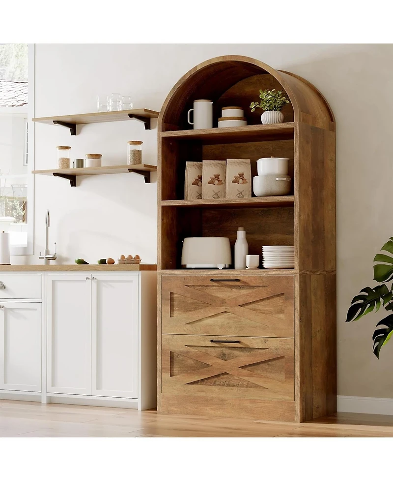 Tribesigns 71" Tall Arched Kitchen Pantry, Farmhouse Wooden Kitchen Cabinet, Free-Standing Versatile Cupboard, Brown