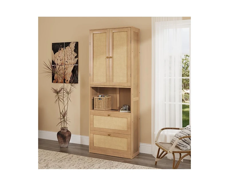 Casainc 2 Doors Bookshelf with Usb Port and 3 Drawers Side Cabinet Storage Shelves