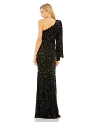 Mac Duggal Women's Sequined One Shoulder Bishop Sleeve Trumpet Gown