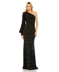 Mac Duggal Women's Sequined One Shoulder Bishop Sleeve Trumpet Gown