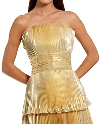 Mac Duggal Women's Strapless Pleated Metallic Layered High Low Gown