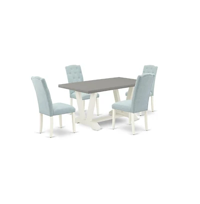 East West Furniture 5-Piece Dining Room Table Set- 4 Parson Dining Room Chairs with Baby Blue Linen Fabric Seat and Button Tufted Chair Back