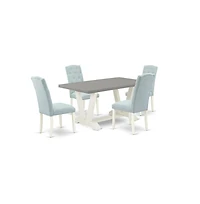 East West Furniture 5-Piece Dining Room Table Set- 4 Parson Dining Room Chairs with Baby Blue Linen Fabric Seat and Button Tufted Chair Back