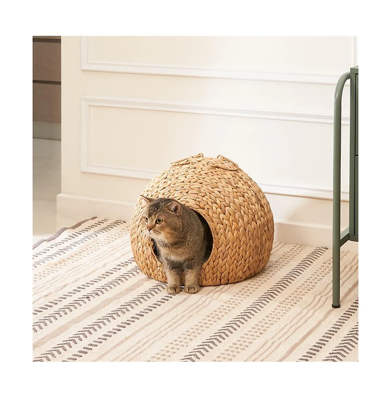 Zeus & Ruta Woven Wicker Round Cat Bed Cave with Handles 18"x18"x18"