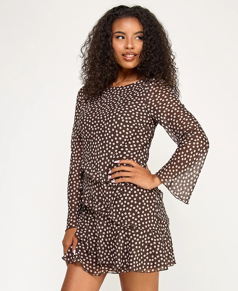 City Studios Juniors' Polka Dot Ruffle Long Sleeve Dress
