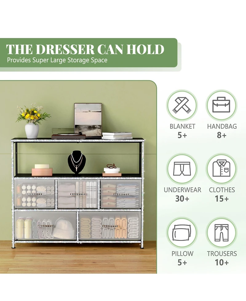 Mr Ironstone Dresser Tv Stand, Entertainment Center with 5 Fabric Drawers, Media Console Table for Tv with Open Storage Shelf Dresser for Bedroom/Livi