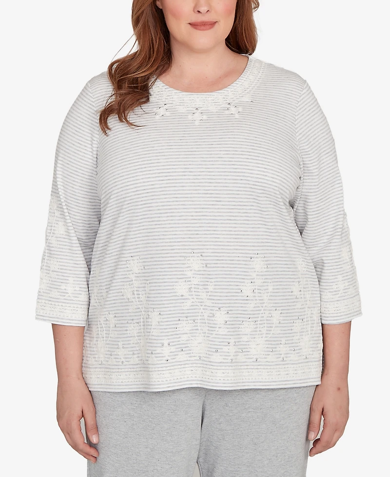 Alfred Dunner Plus Casual Vibe Embellished Striped Crew Neck Top