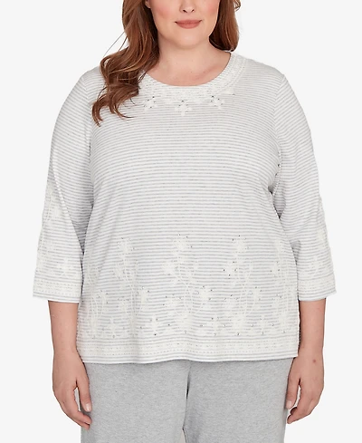 Alfred Dunner Plus Casual Vibe Embellished Striped Crew Neck Top