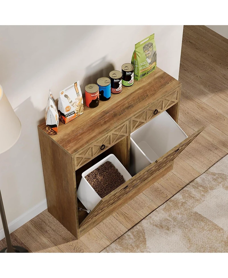 Tribesigns Modern Kitchen Island with Double Tilt-Out Trash Cabinet, 13 Gallon Fluted Storage Cabinet with 2 Drawers & Hidden Trash Bins, Rustic Brown