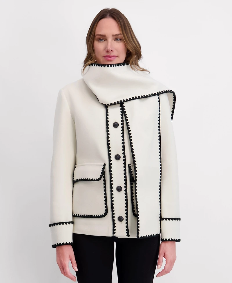 Kensie Women's Scarf Collar Faux Wool Jacket with Whipstitch Detail