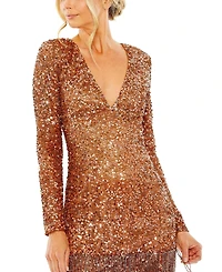 Mac Duggal Women's V Neck Long Sleeve Sequin Dress with Fringe Detail