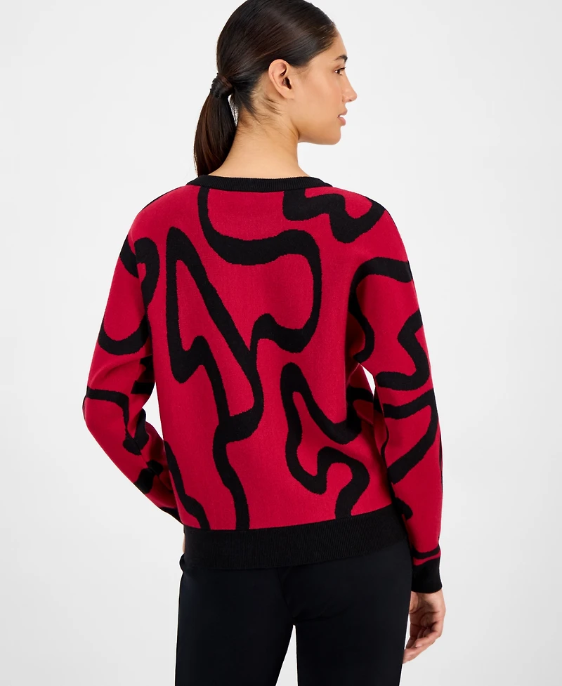 T Tahari Women's Squiggle Jacquard Crewneck Sweater