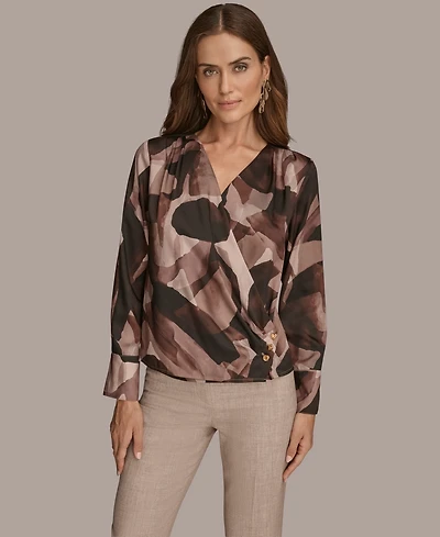 Donna Karan New York Petite Printed Satin Long Sleeve Wrap Top