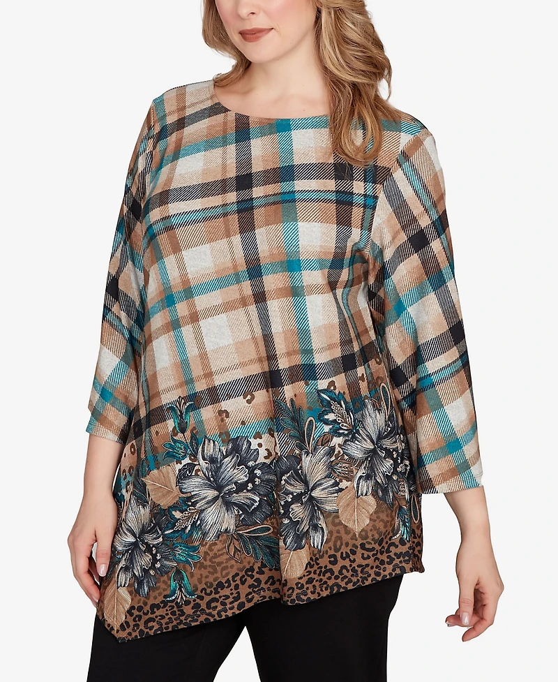 Ruby Rd. Plus Floral Plaid Cozy Ballet Neck Top