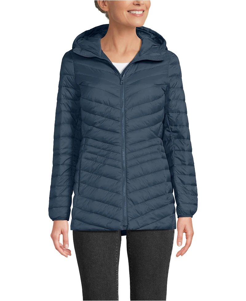 Lands' End Women's Tall Wanderweight Packable Down Hooded Long Jacket