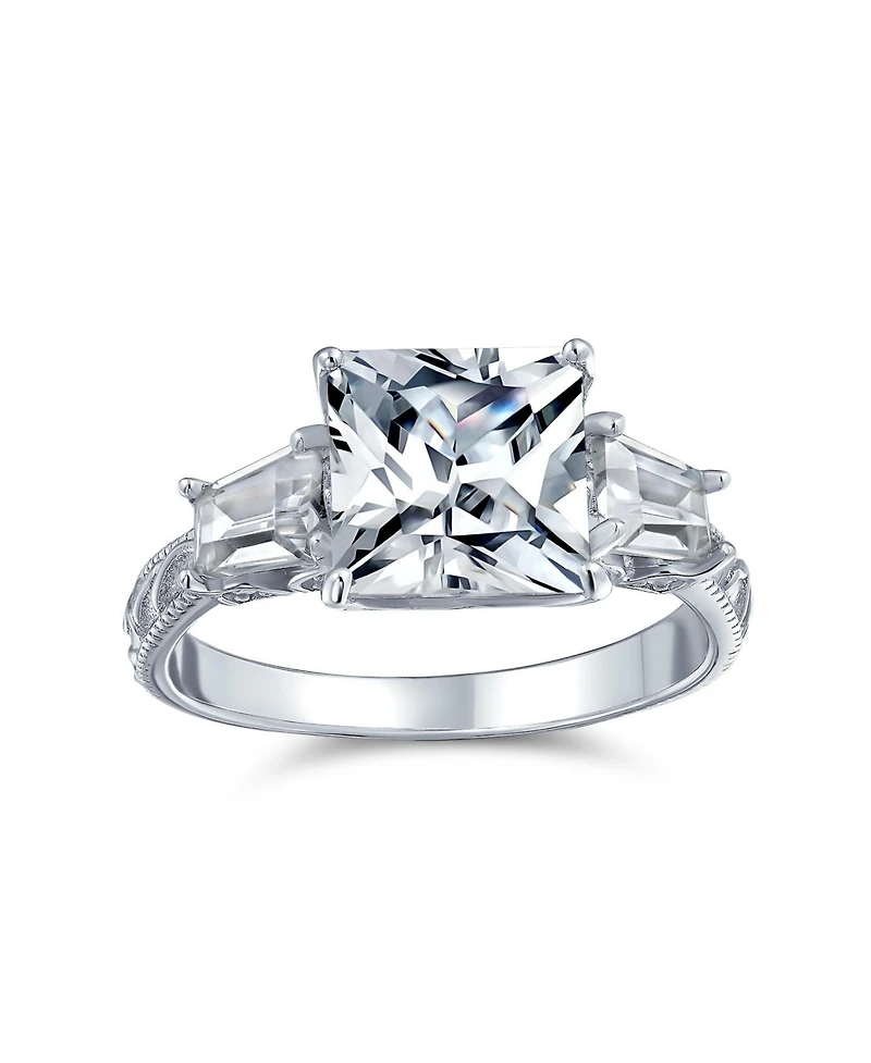 Bling Jewelry Classic 3CT Princess Cut Cz Solitaire Ring with Baguette Accents Sterling Silver