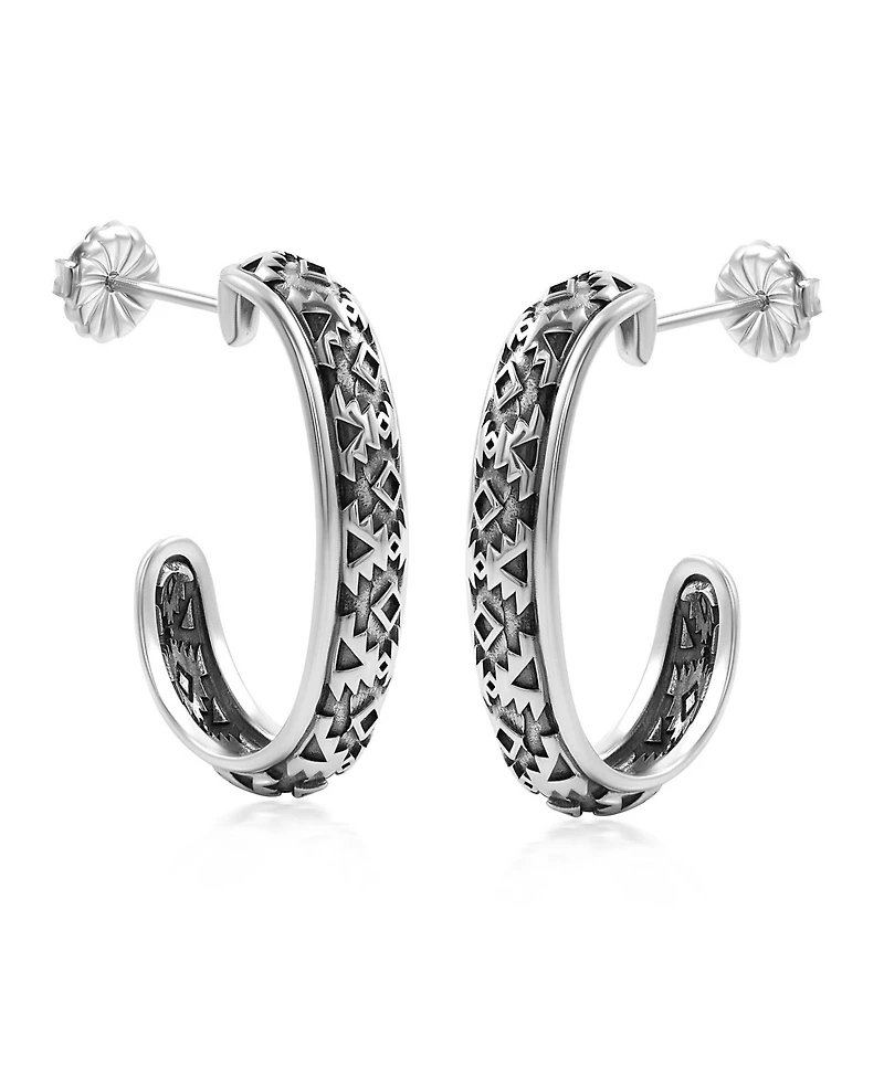 American West Jewelry Sterling Silver Patterned J-Hoop 1 Inch Earrings