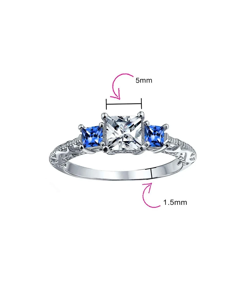 Bling Jewelry 3CT Cz Three Stone Past Present Future Cubic Zirconia Square Princess Cut Milgrain Filigree Promise Ring Sterling Silver